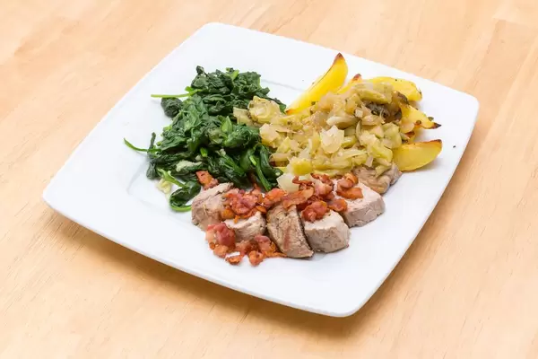 Pork, Bacon, Wedges and Spinach