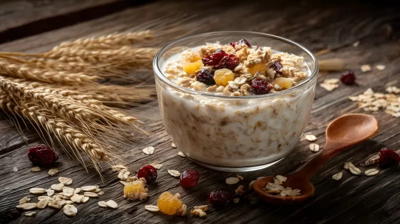 Porridge mit gemischtem Müsli und Nüssen in Glasschüssel