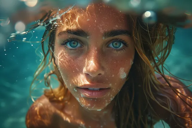 Porträt einer Frau mit faszinierenden blauen Augen unter Wasser