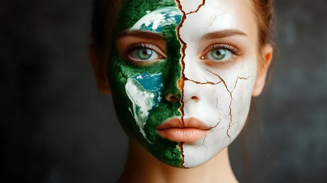 Porträt einer Frau mit nachhaltigem Erdglobus-Make-up