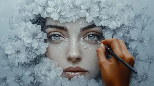 Porträt einer Frau umrahmt von Blumen