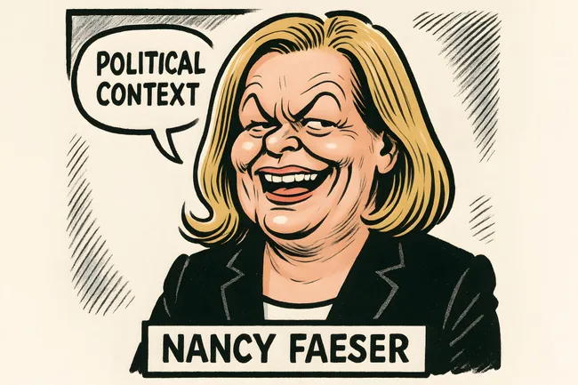 Porträt einer lachenden Politikerin mit Sprechblase