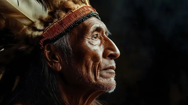 Porträt eines älteren indigenen Mannes mit Federschmuck