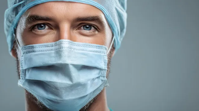 Porträt eines Arztes in blauer Medizinmaske vor grauem Hintergrund