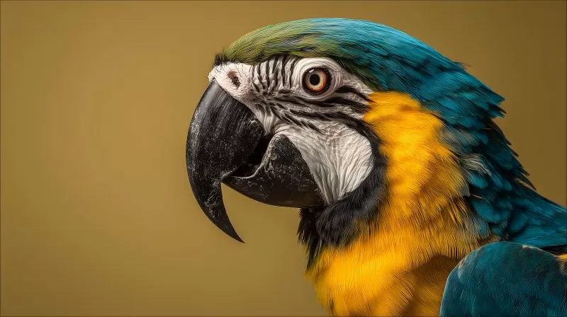 Porträt eines bunten Papageis auf beigem Hintergrund