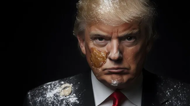 Porträt eines erzürnten Politikers mit Tortenbesteck im Gesicht