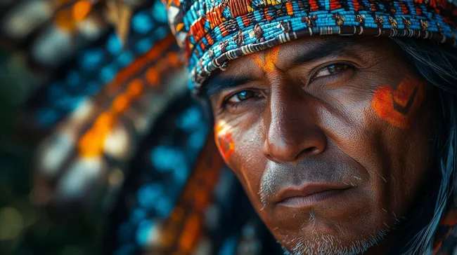 Porträt eines indigenen Mannes mit Federschmuck