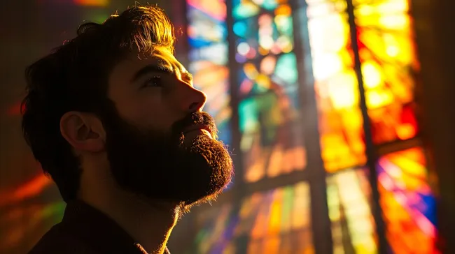 Porträt eines jungen Mannes vor farbigem Kirchenfenster