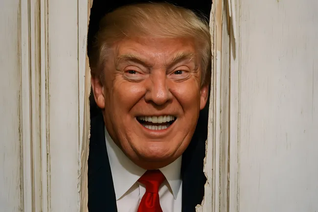 Porträt eines lachenden Politikers durch kaputte Tür