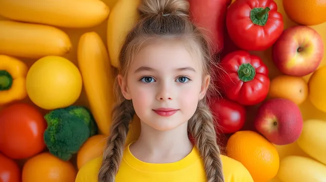 Porträt eines Mädchens umgeben von frischem Obst und Gemüse