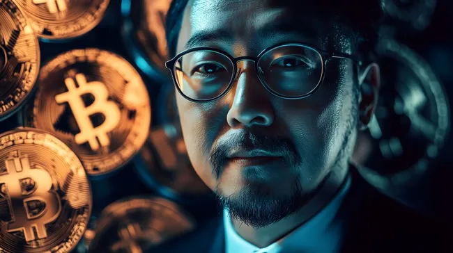 Porträt eines Mannes mit Bitcoin-Hintergrund