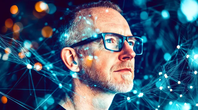 Porträt eines nachdenklichen Mannes in digitaler Vernetzung