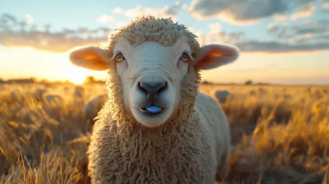 Porträt eines niedlichen Schafes auf goldenem Weizenfeld bei Sonnenuntergang