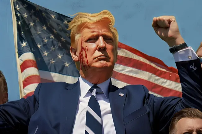 Porträt eines politischen Führers mit Blut und amerikanischer Flagge