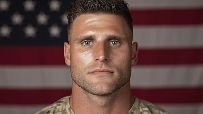 Porträt eines US-Soldaten vor amerikanischer Flagge