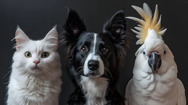 Porträt von Katze, Hund und Kakadu vor dunklem Hintergrund