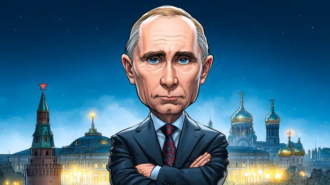 Porträt von Wladimir Putin vor dem Kreml bei Nacht