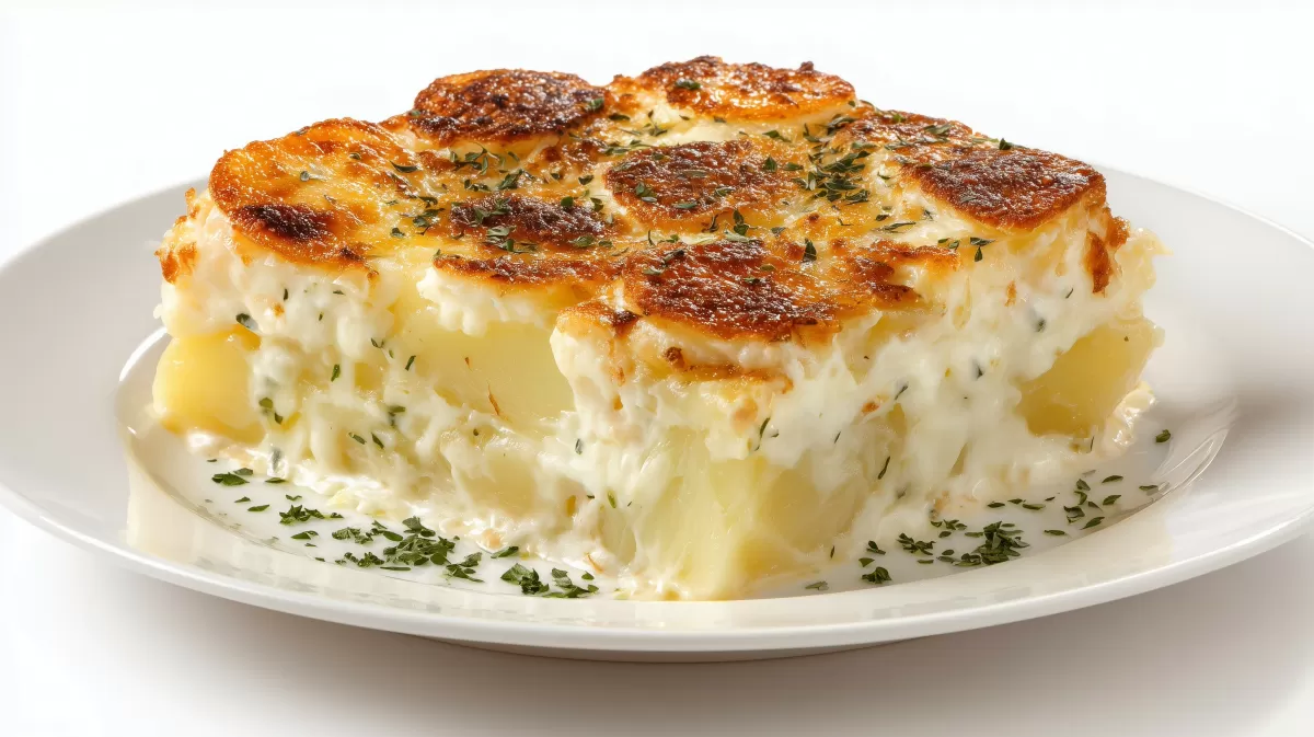 Portugiesischer Bacalhau com Natas auf weißem Teller