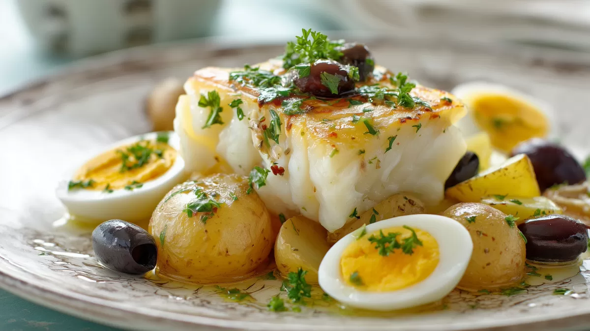 Portugiesischer Bacalhau Stockfisch mit Kartoffeln und Oliven