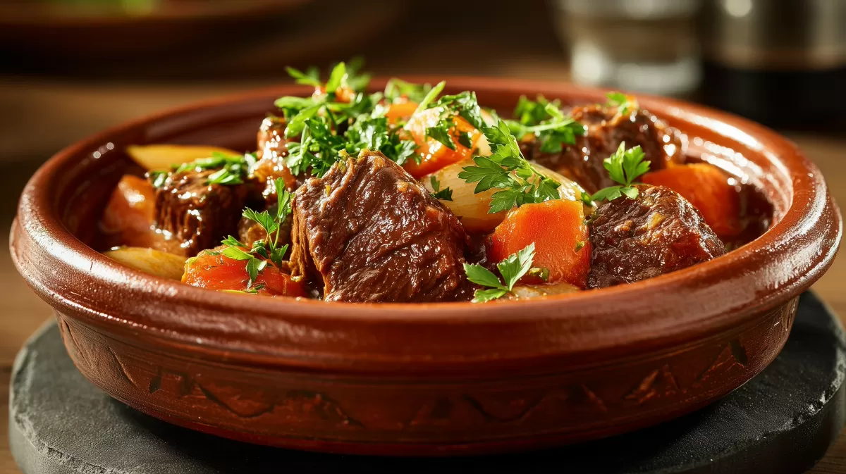 Portugiesisches Rindergulasch in rustikaler Tonschale