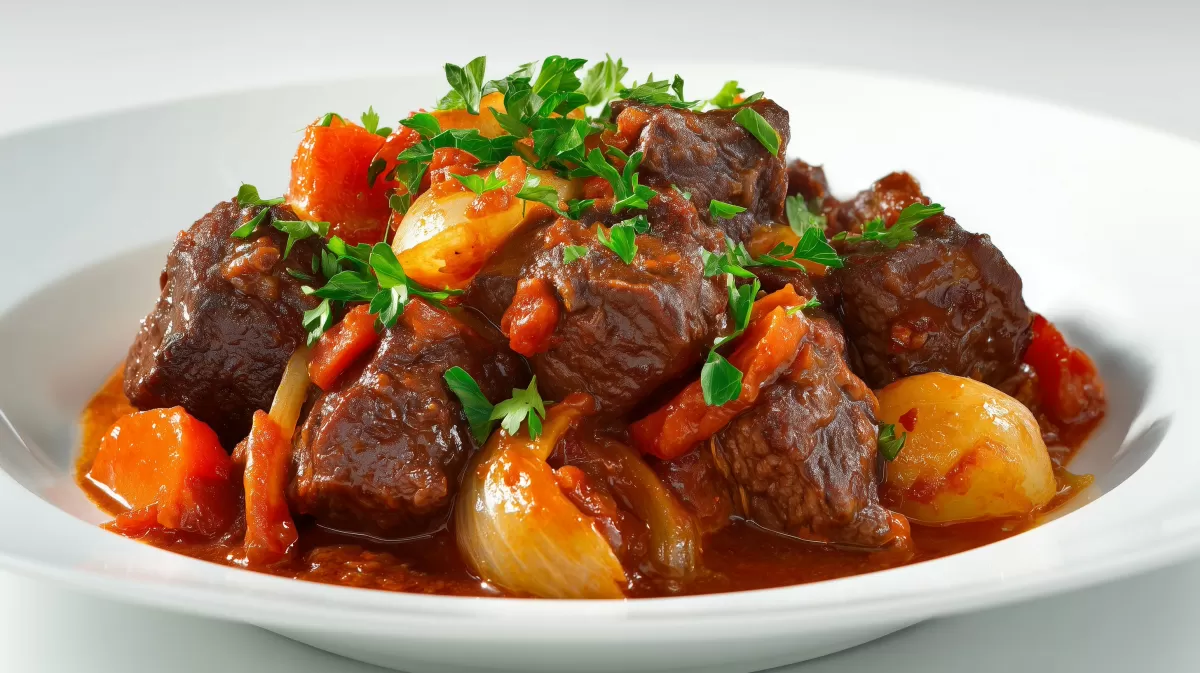 Portugiesisches Rindergulasch mit Gemüse und Petersilie