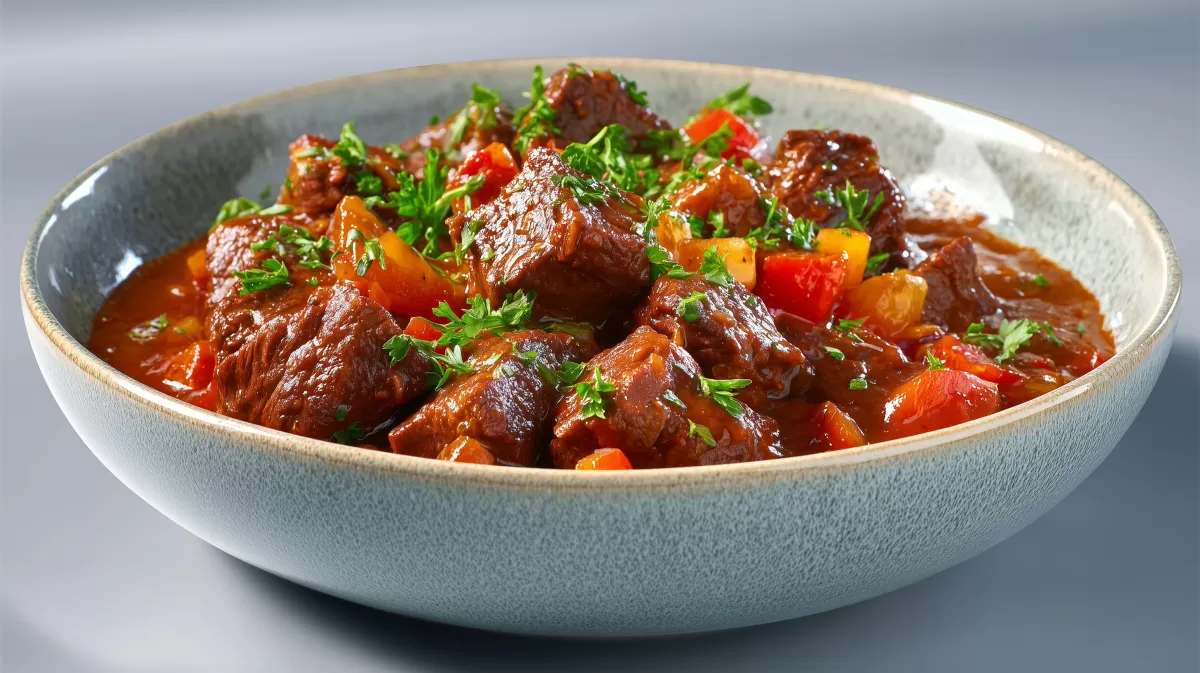 Portugiesisches Rindergulasch mit Paprika in Schüssel
