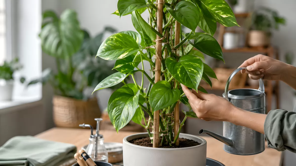 Pothos-Pflanze wird mit Gießkanne gepflegt