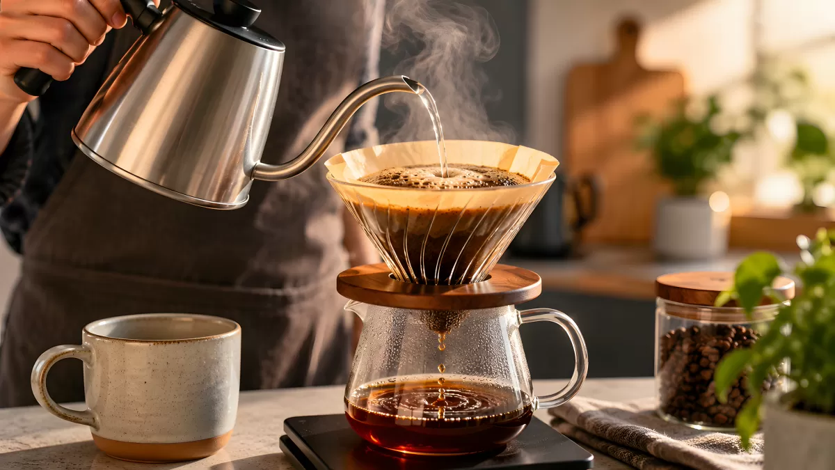 Pour-Over-Kaffee wird in Glaskanne gebrüht
