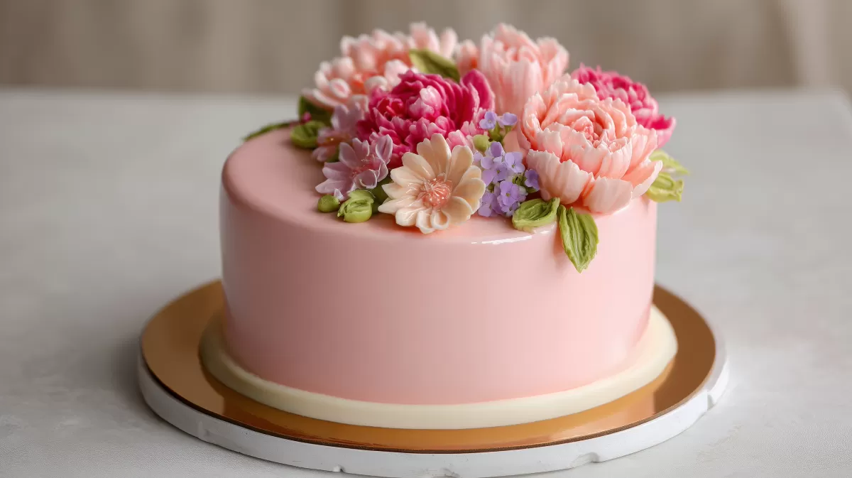 Prachtvoll dekorierte rosa Geburtstagstorte mit Blüten