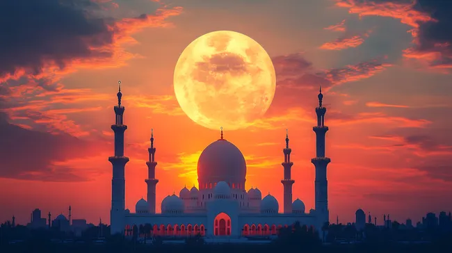 Prachtvolle Moschee unter buntem Abendhimmel