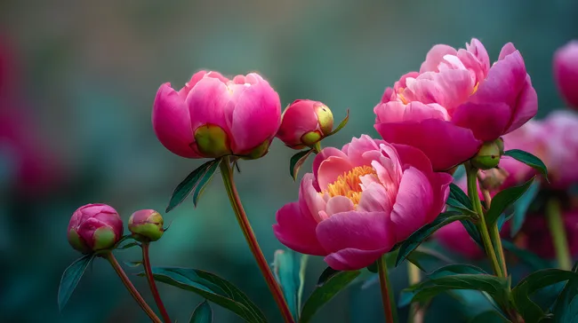 Prachtvolle Pfingstrosen in stimmungsvoller Gartenszene