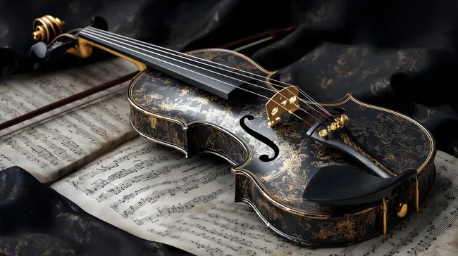 Prachtvolle schwarze Violine mit goldenen Verzierungen auf Notenblättern