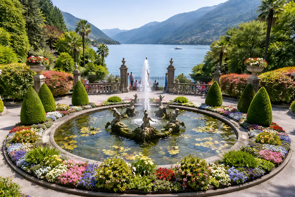 Prachtvoller Gartenbrunnen mit Blick auf einen Bergsee