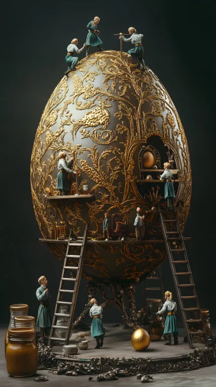 Prachtvoller goldener Osterei-Dekor mit Miniaturfiguren