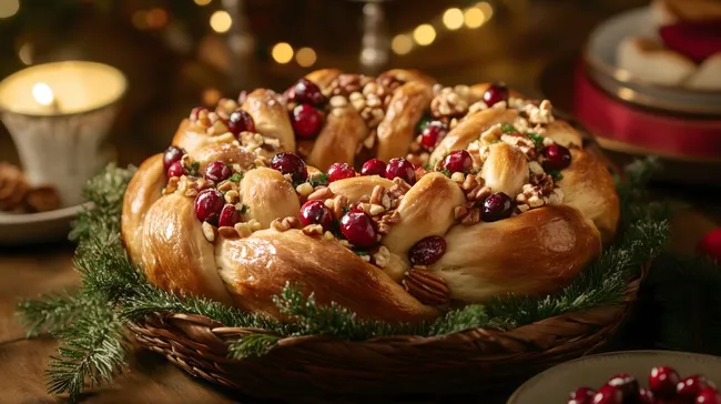 Prachtvolles Weihnachts-Kranz-Gebäck mit Beeren und Nüssen