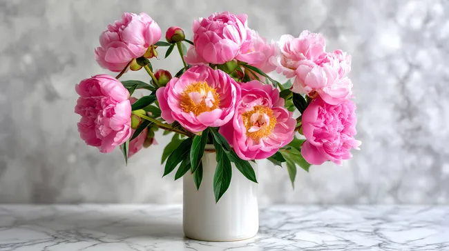 Prächtige Pfingstrosen in Vase auf Marmoroberfläche