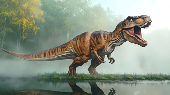 Prähistorischer Raubtier-Dinosaurier in nebliger Waldlandschaft