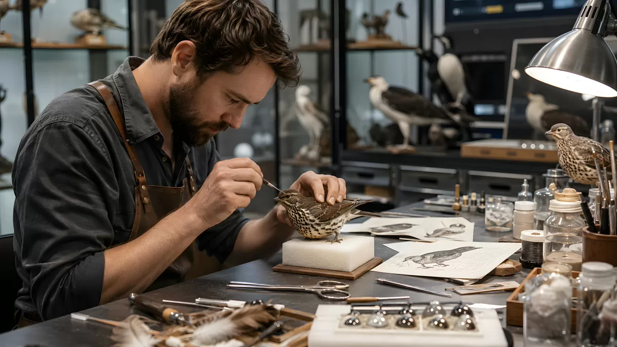 Präparator arbeitet sorgfältig an einem Vogel im Atelier