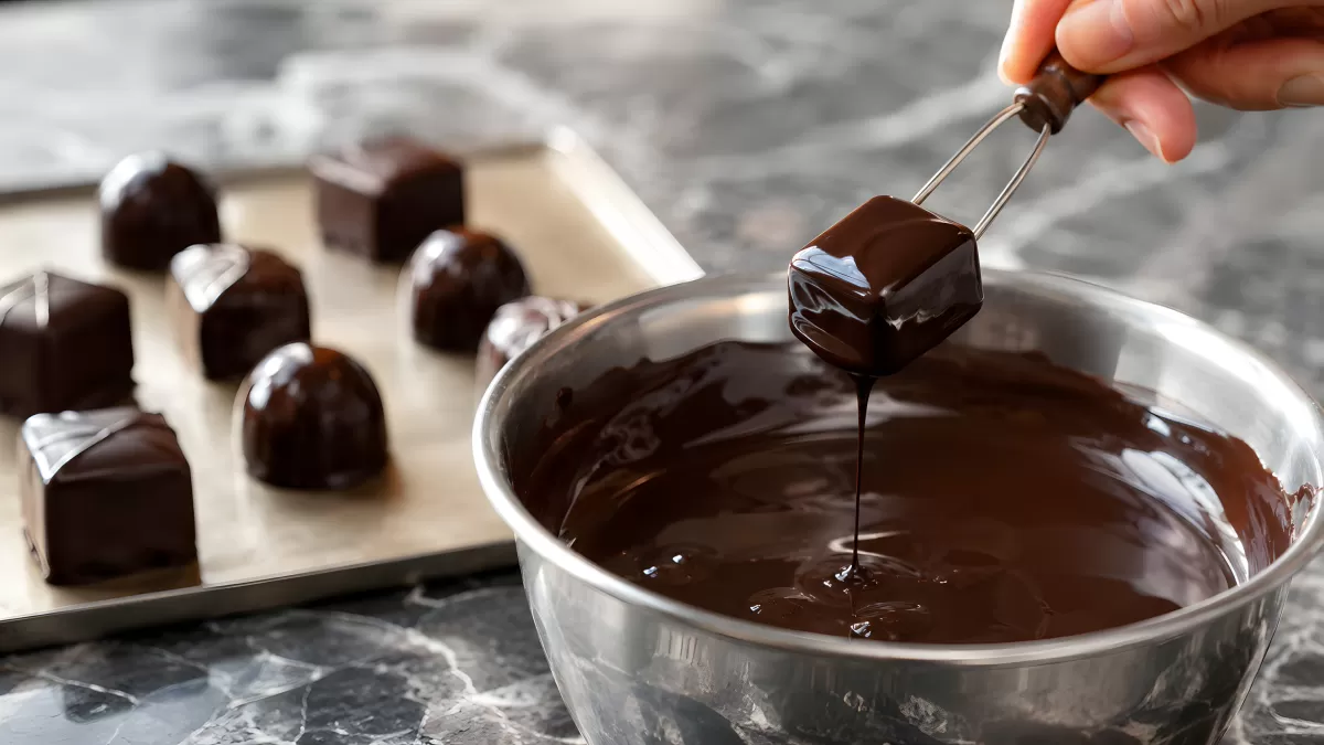 Praline wird in flüssige Schokolade getaucht