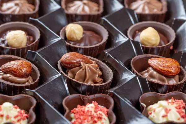 Pralinensammlung mit Nüssen und Schokocreme, in einer braunen Box