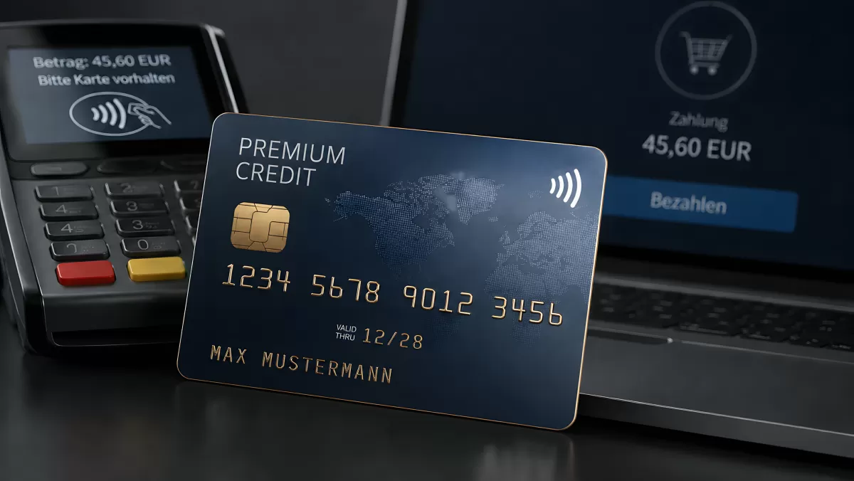 Premium-Kreditkarte vor Zahlungsterminal und Laptop