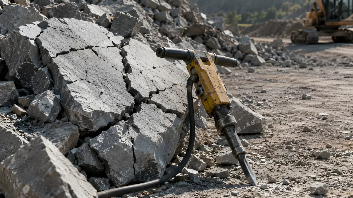 Presslufthammer bricht Gestein auf Baustelle auf