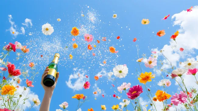 Prickelnde Feierlaune mit spritzenden Sektperlen und bunten Blüten