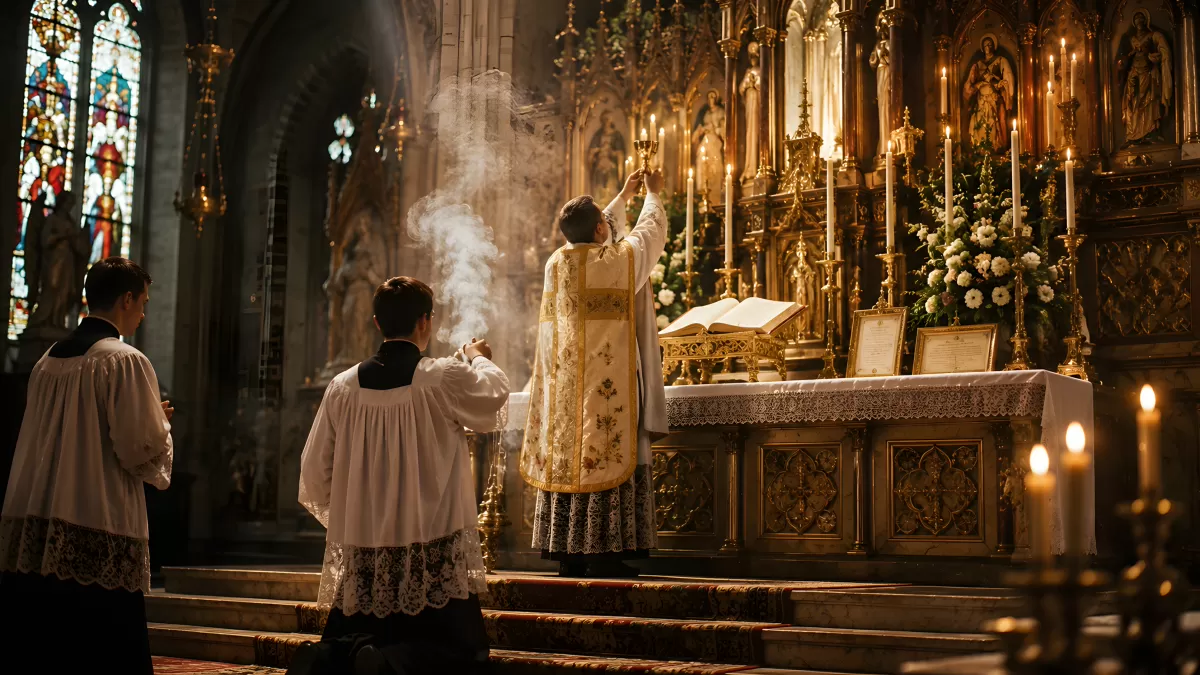 Priester zelebriert feierliche Messe am Hochaltar