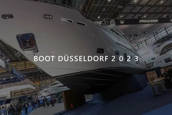 Princess 30M luxury yacht shown to visitors at a German boats fair, with the picture title "Boot Düsseldorf 2023"