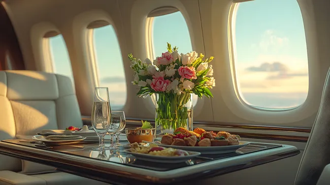 Privatjett-Bordgastronomie mit dekorativem Blumenarrangement