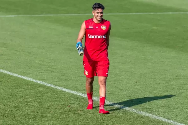 Professional soccer player Nadiem Amiri laughs with joy after the soccer practice of German club Bayer 04 Leverkusen