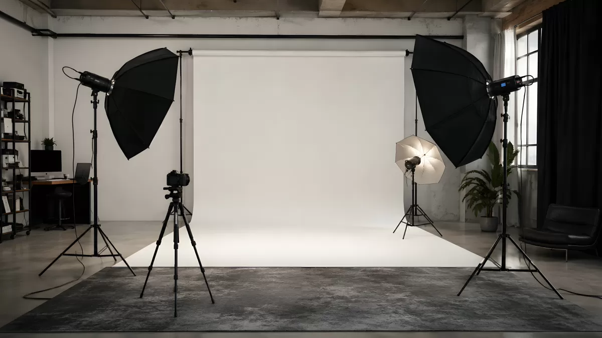 Professionelles Fotostudio mit Blitzlicht und weißem Hintergrund