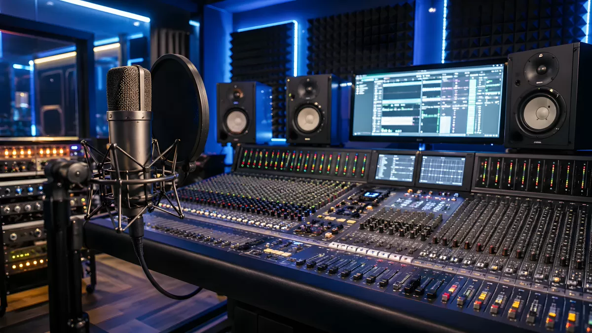 Professionelles Tonstudio mit Mischpult und Mikrofon
