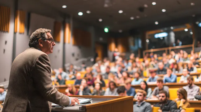 Professor hält Vortrag vor großer Studentengruppe